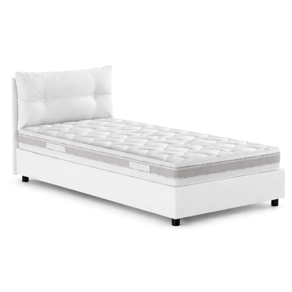 Letto singolo Sabazia, Letto contenitore con rivestimento in tessuto, Made in Italy, Apertura frontale, con materasso cm 80x190 incluso, Bianco