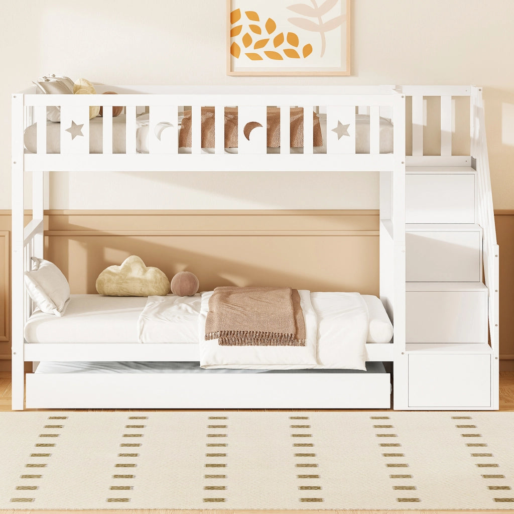 OKWISH Letto a Castello 90×200 cm e 90×190 cm, Letto 3 Posti con Letto estraibile, Scala con Contenitore e Sponde, senza Materasso