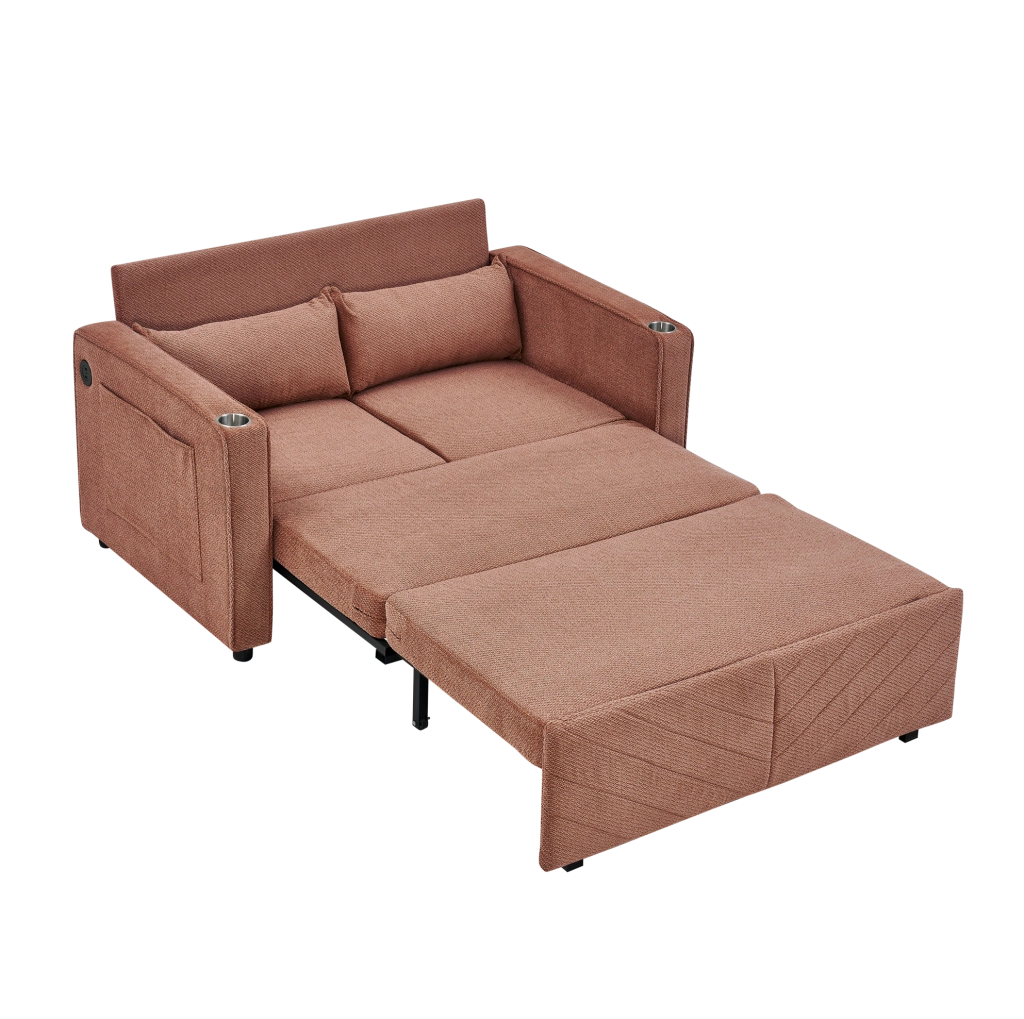 Divano letto 2 posti 195x134x73 cm in legno e tessuto arancione con USB