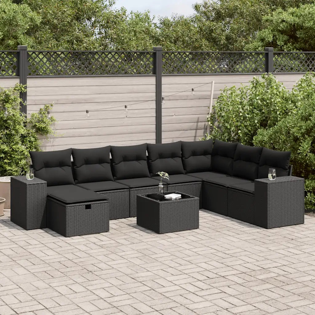 vidaXL Set Divani da Giardino 9 pz con Cuscini Nero in Polyrattan