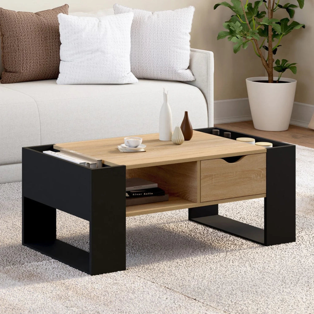IDMarket - Tavolino rettangolare BERYL con cassetto in legno nero ed effetto faggio