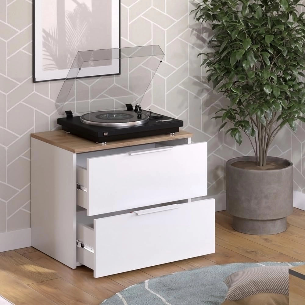 Cassettiera Wido, Bianco/Sonoma, 60 x 50 cm con 2 cassetti, per riporre abiti e oggetti di uso quotidiano