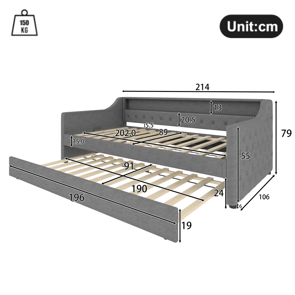 Letto singolo 90×200 cm con LED; USB e letto estraibile; senza materasso; lino; grigio