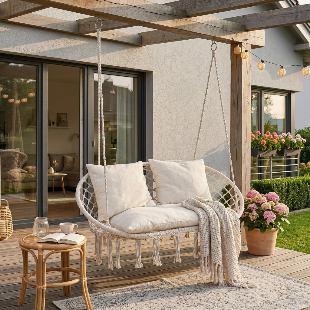 Panca Sospesa Kailua Altalena per 2 Persone con Cuscini 135 x 129 x 65 cm - Bianco Crema casa.pro