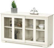 Credenza e Buffet Multiuso, a 3 Ripiani, Mensola Regolabile, 2 Ante Scorrevoli Trasparenti, Mobiletto Legno per Cucina, Soggiorno, Sala da Pranzo, 106,5x33x62,5 cm,Bianco Crema(Beige)