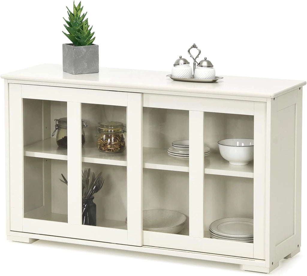 Credenza e Buffet Multiuso, a 3 Ripiani, Mensola Regolabile, 2 Ante Scorrevoli Trasparenti, Mobiletto Legno per Cucina, Soggiorno, Sala da Pranzo, 106,5x33x62,5 cm,Bianco Crema(Beige)
