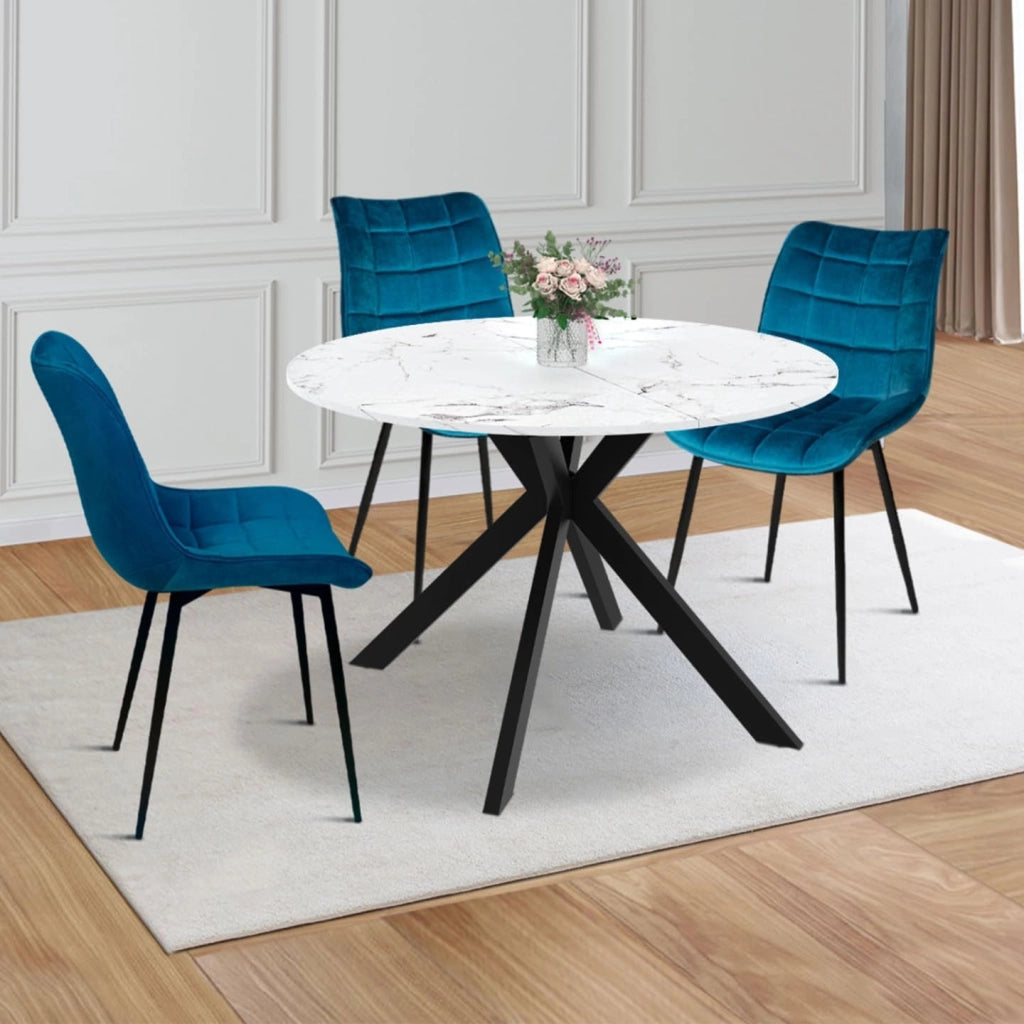 ALIX tavolo da pranzo rotondo allungabile 4-10 persone gamba a ragno nera piano effetto marmo bianco ALASKA 110-200 cm