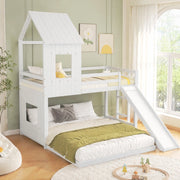 DESMIU Letto a castello casetta 140 × 200 cm e 90 × 200 cm con scivolo, scala, senza materasso, bianco