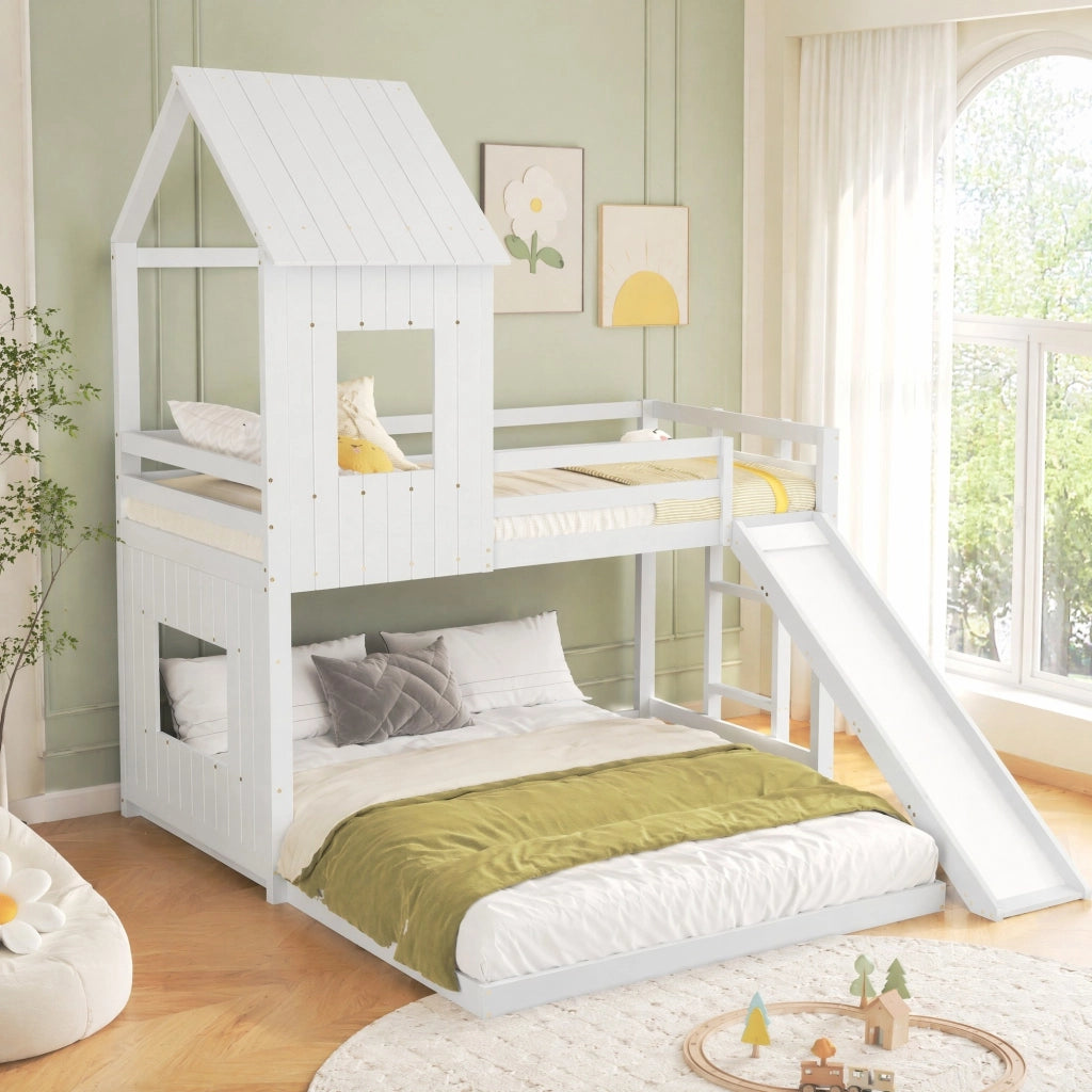 DESMIU Letto a castello casetta 140 × 200 cm e 90 × 200 cm con scivolo, scala, senza materasso, bianco
