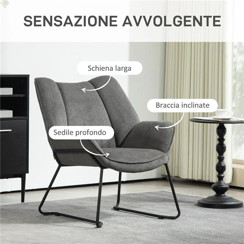 POLTRONA D'ARREDO CON BRACCIOLI INCLINATI IN TESSUTO EFFETTO LINO E ACCIAIO 71.5X67X79 CM GRIGIO