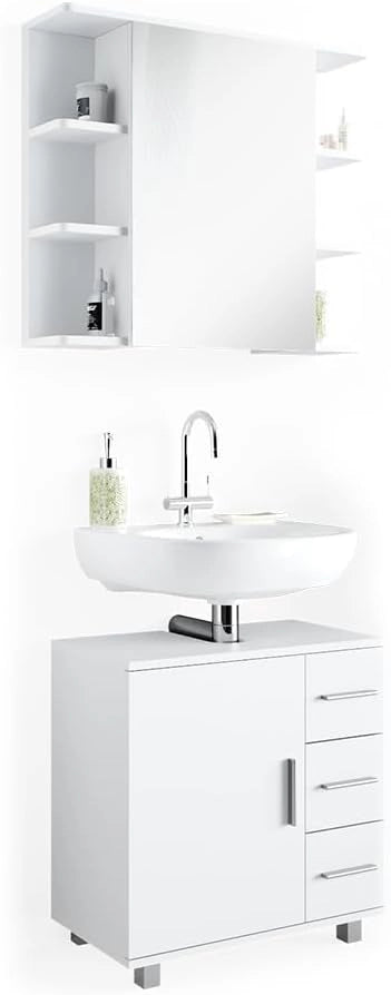Set mobili bagno Ilias, Bianco, 60 cm, composto da specchio da bagno e mobile sottolavabo
