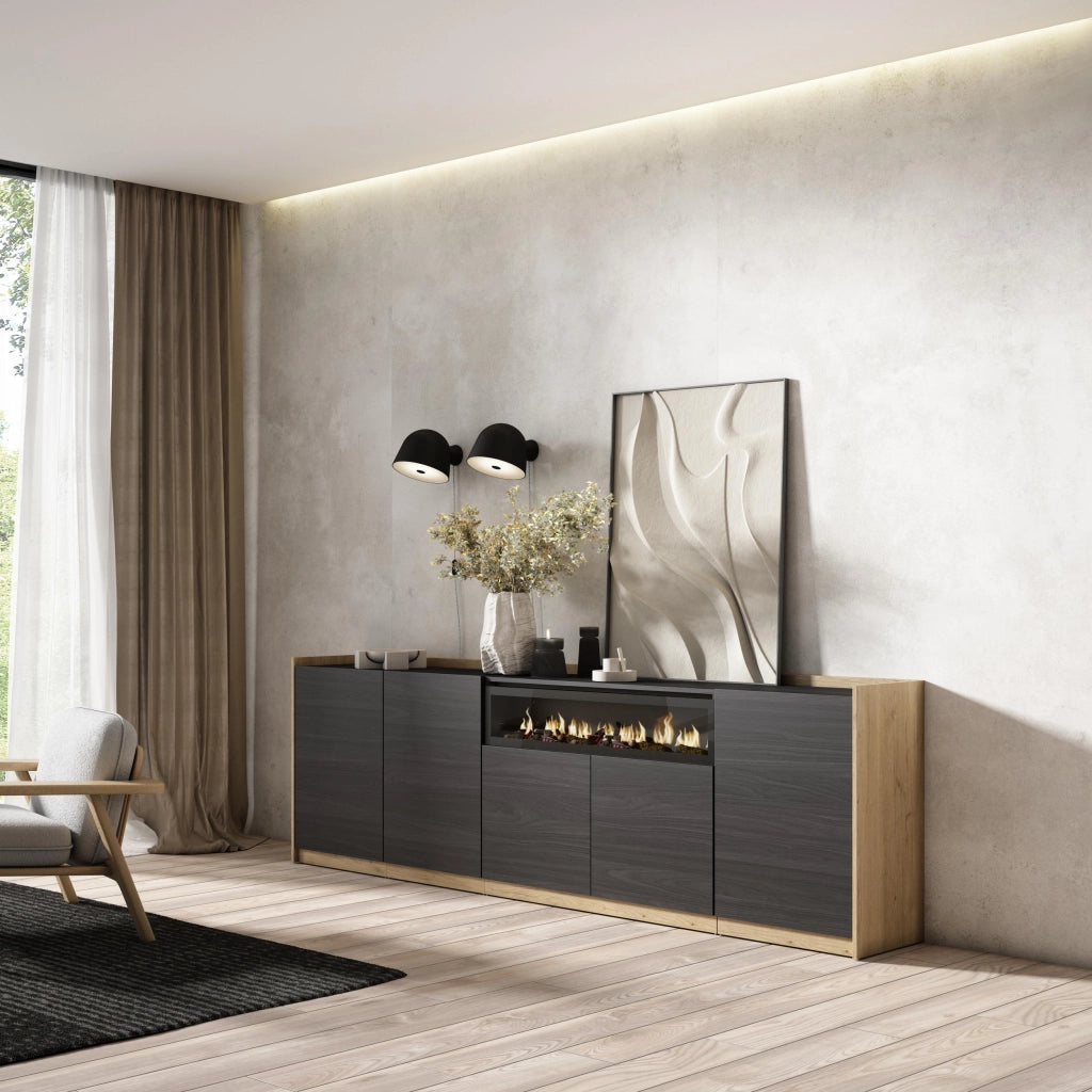 Credenza, Mobile, Cucina, 260x80x37 cm, 5 Porte, Camino elettrico, Nero e rovere