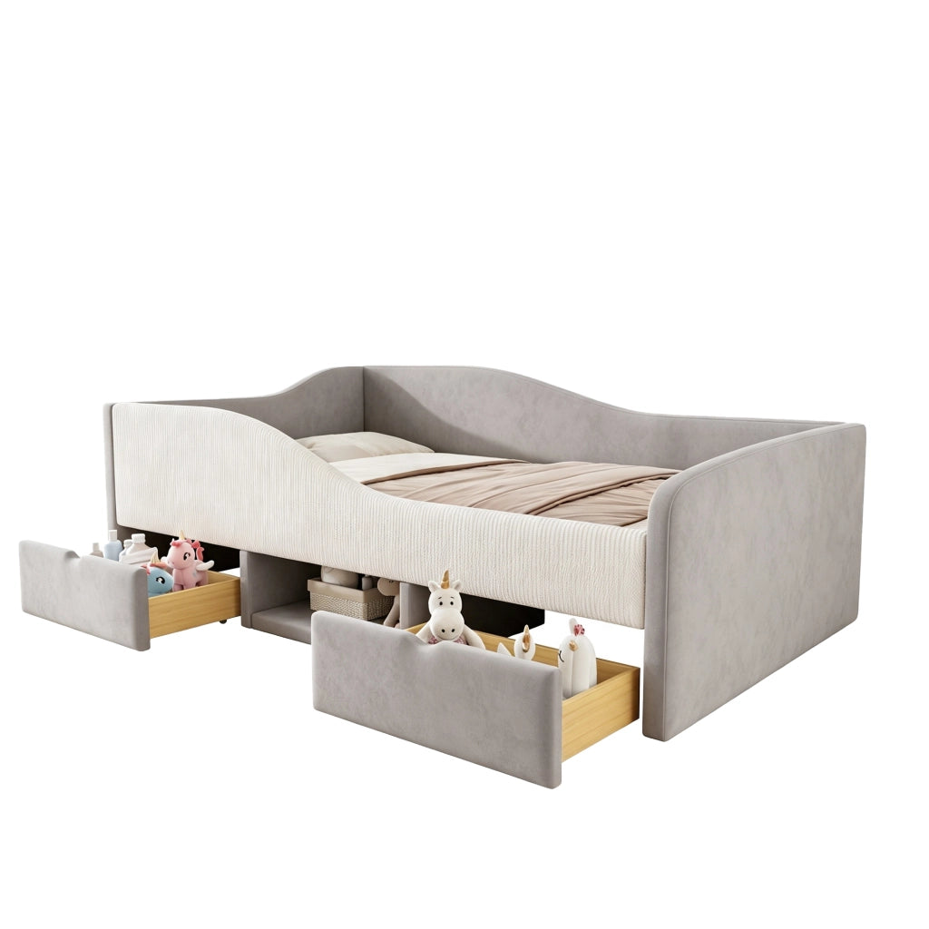 Letto imbottito 90x190 cm con contenitore e sponde di sicurezza in velluto grigio