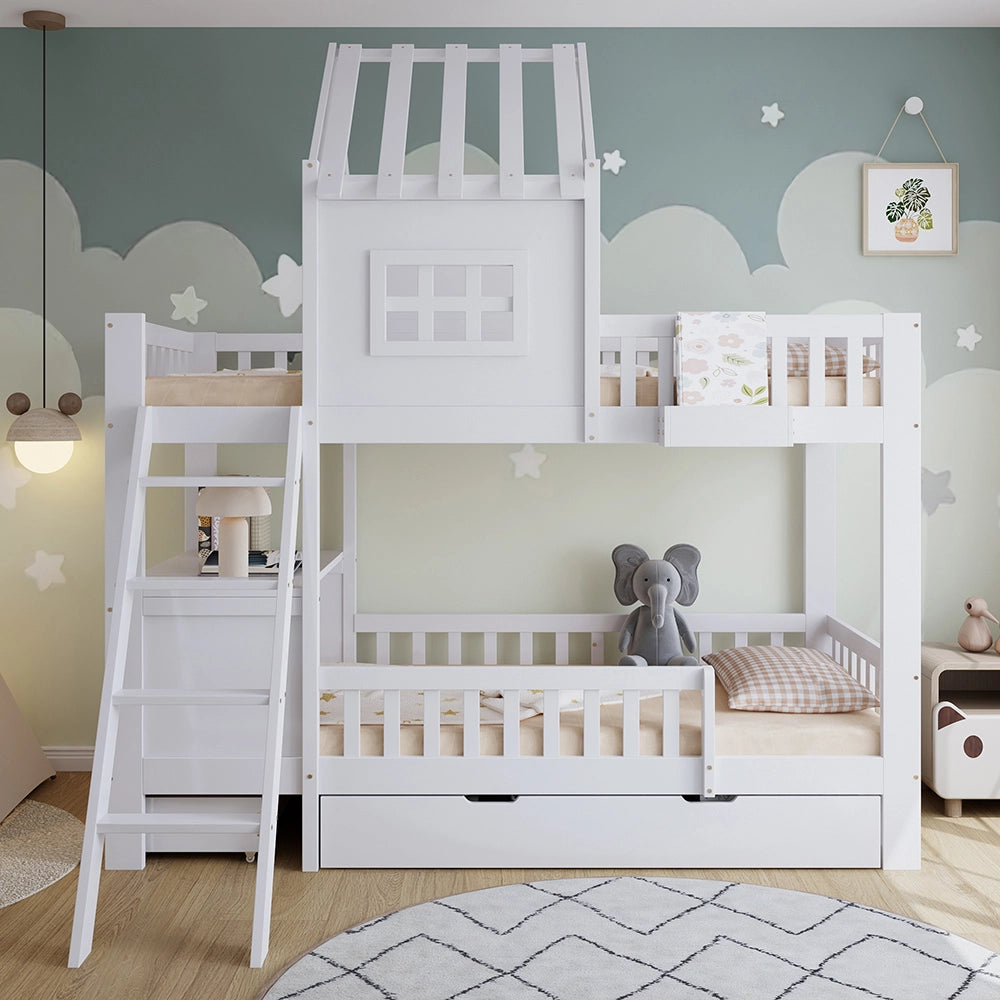 Letto a castello con tetto - Xylo - 90x200cm bianco, tavolo lettura
