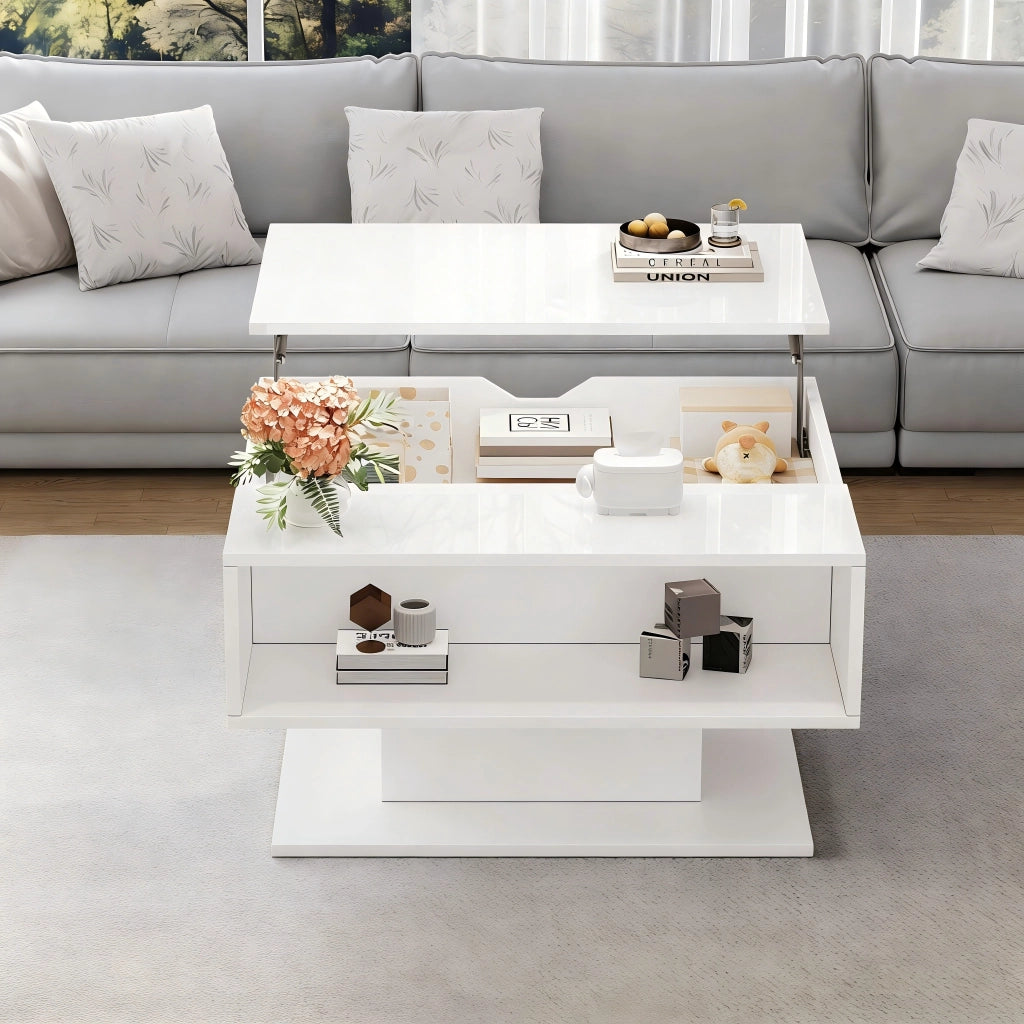 TAVOLO Caffè alzabile 80x75x40 cm Bianco con LED e vano contenitore