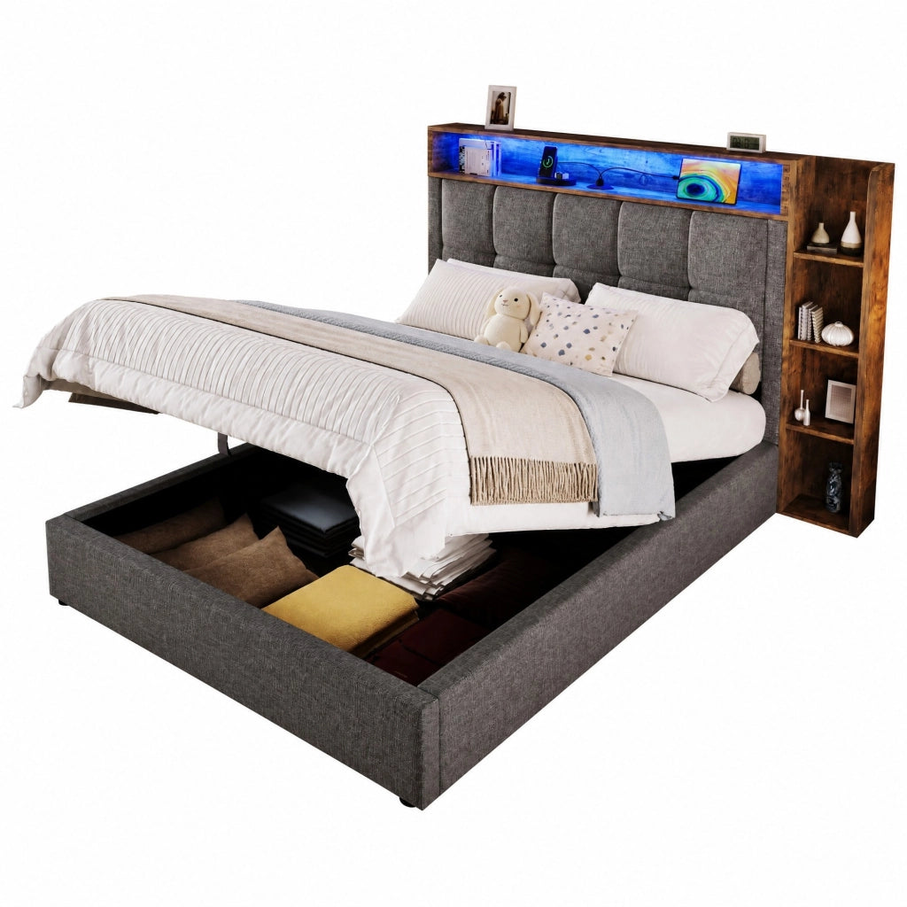Letto imbottito 90x200 cm con USB e Type-C; contenitore idraulico; LED; grigio