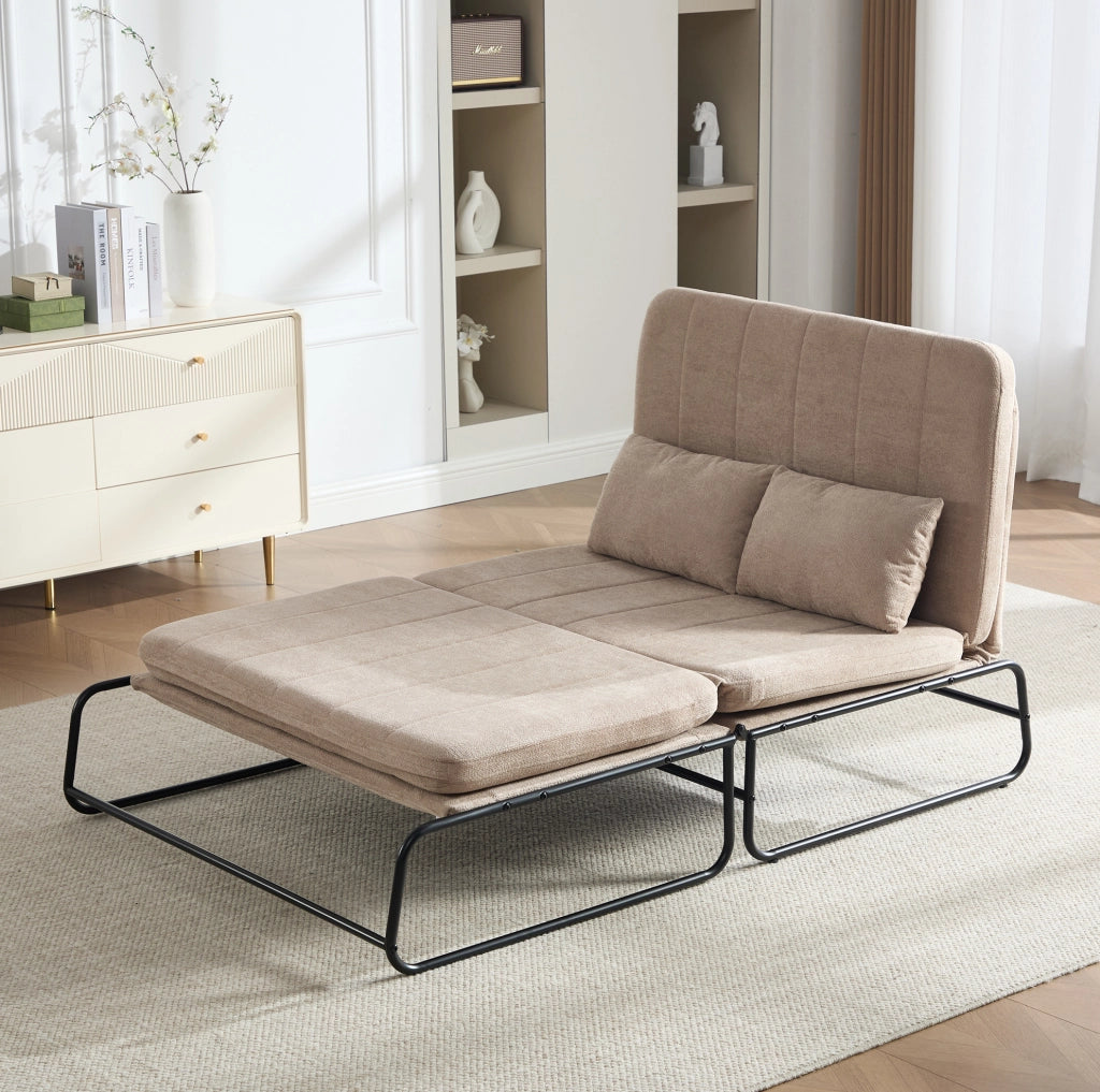 Divano letto 2 posti trasformabile in chenille kaki con struttura in metallo; 104x85x92 cm