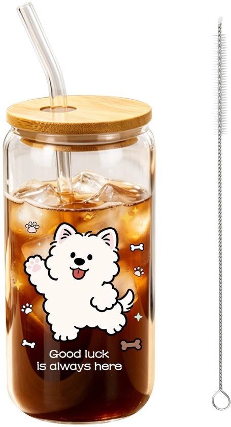 Vaso da Bere per Cani in Vetro con Cestello in Bambù e Rami - 500 ml Vaso da Bere per Amanti dei Cani