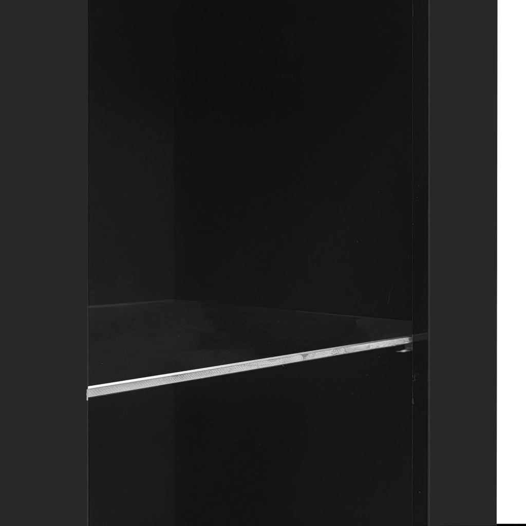 Buffet 95x35x83 cm con ripiani in vetro e anta; frontale lucido in pannello truciolare nero