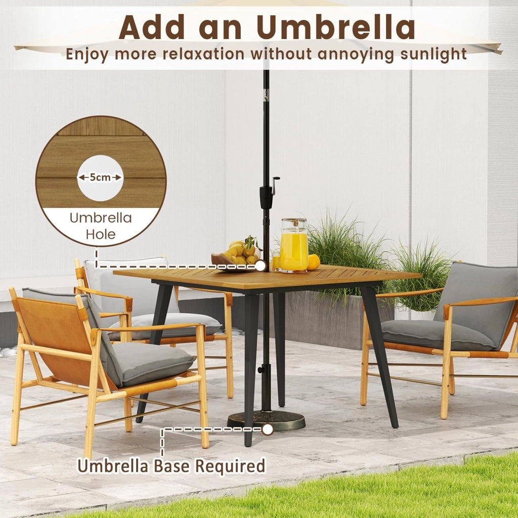 Tavolo da pranzo quadrato per giardino, tavolo in legno di acacia con foro dell'ombrellone da 5 cm e gambe in metallo, 107 x 107 x 75 cm, per balcone, terrazza