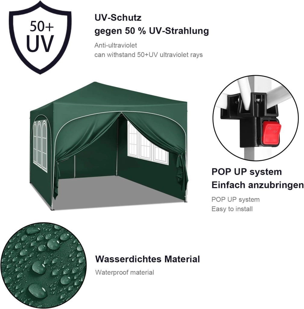 Gazebo Pieghevole da Giardino, Gazebo Idrorepellente Pop Up da 3x3m Pannelli Laterali, Tendone Esterno, Altezza Regolabile, Protezione UV, con Custodia Verde