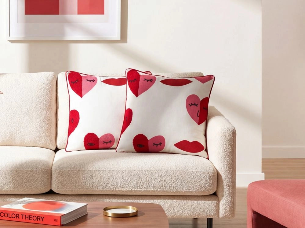 Set di 2 cuscini decorativi in cotone bianco e rosso 45 x 45 cm Modello astratto sfoderabile Quadrato Accessori decorativi moderni