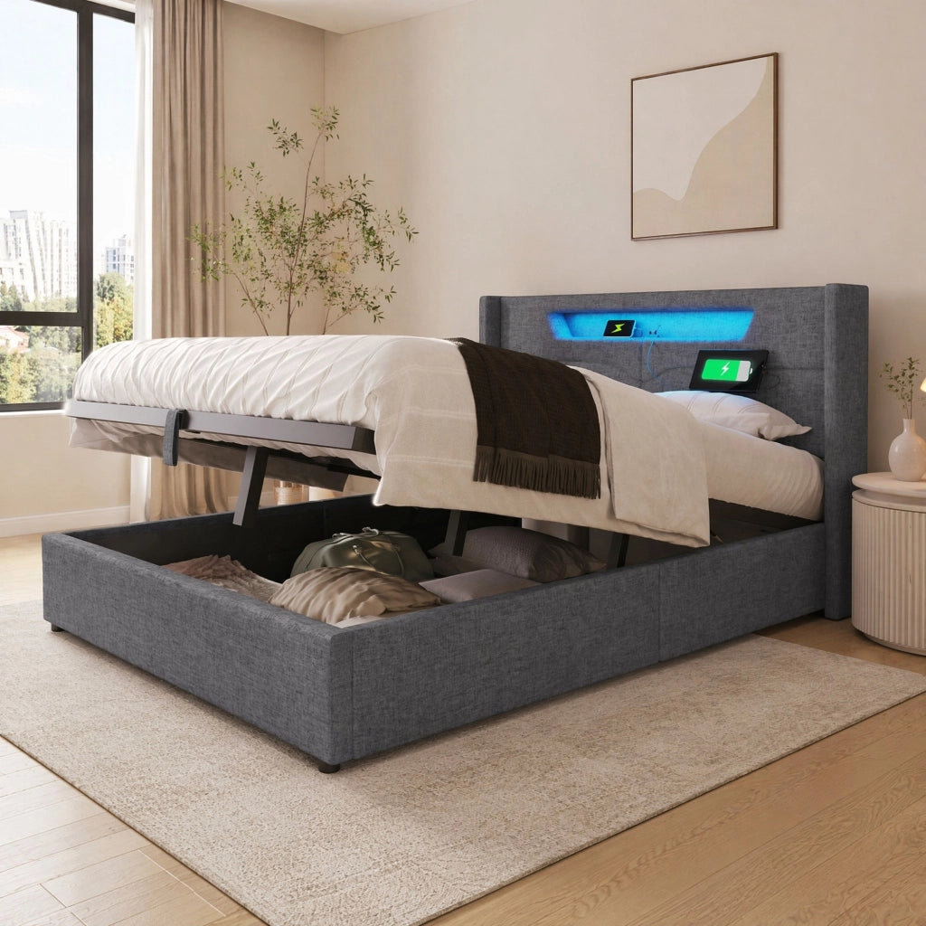 Letto matrimoniale 140x200 cm in tessuto lino grigio con LED; USB e contenitore