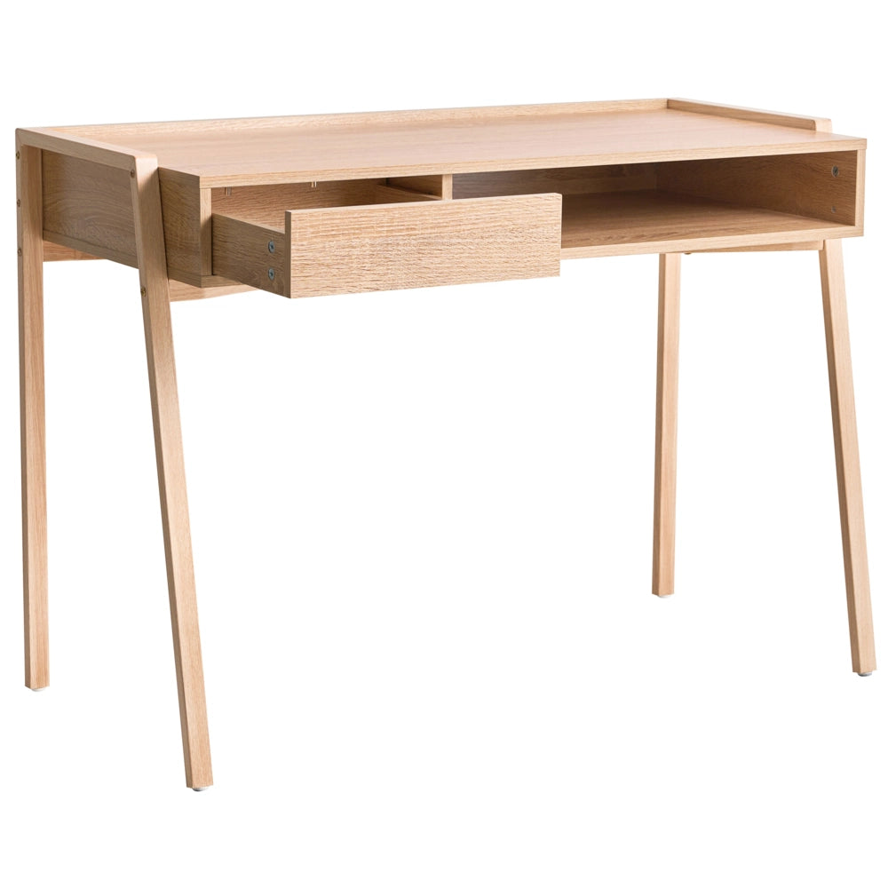Scrivania da ufficio per casa in truciolato marrone chiaro con gambe in ferro 107 x 48 cm con ripiano e cassetto Minimalista