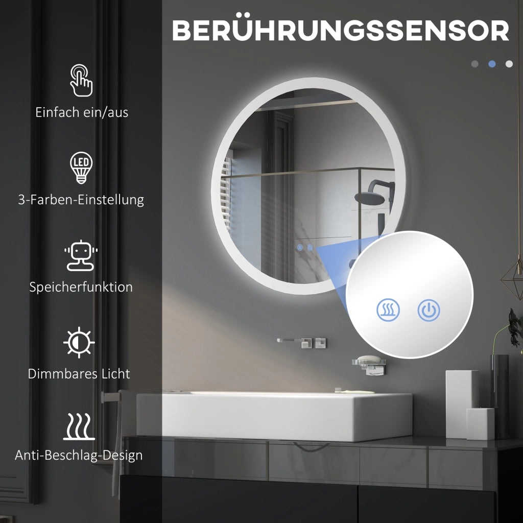 Specchio da bagno illuminato, specchio a parete ?70 cm con 3 colori di luce, IP44, interruttore touch, antiappannamento per bagni moderni