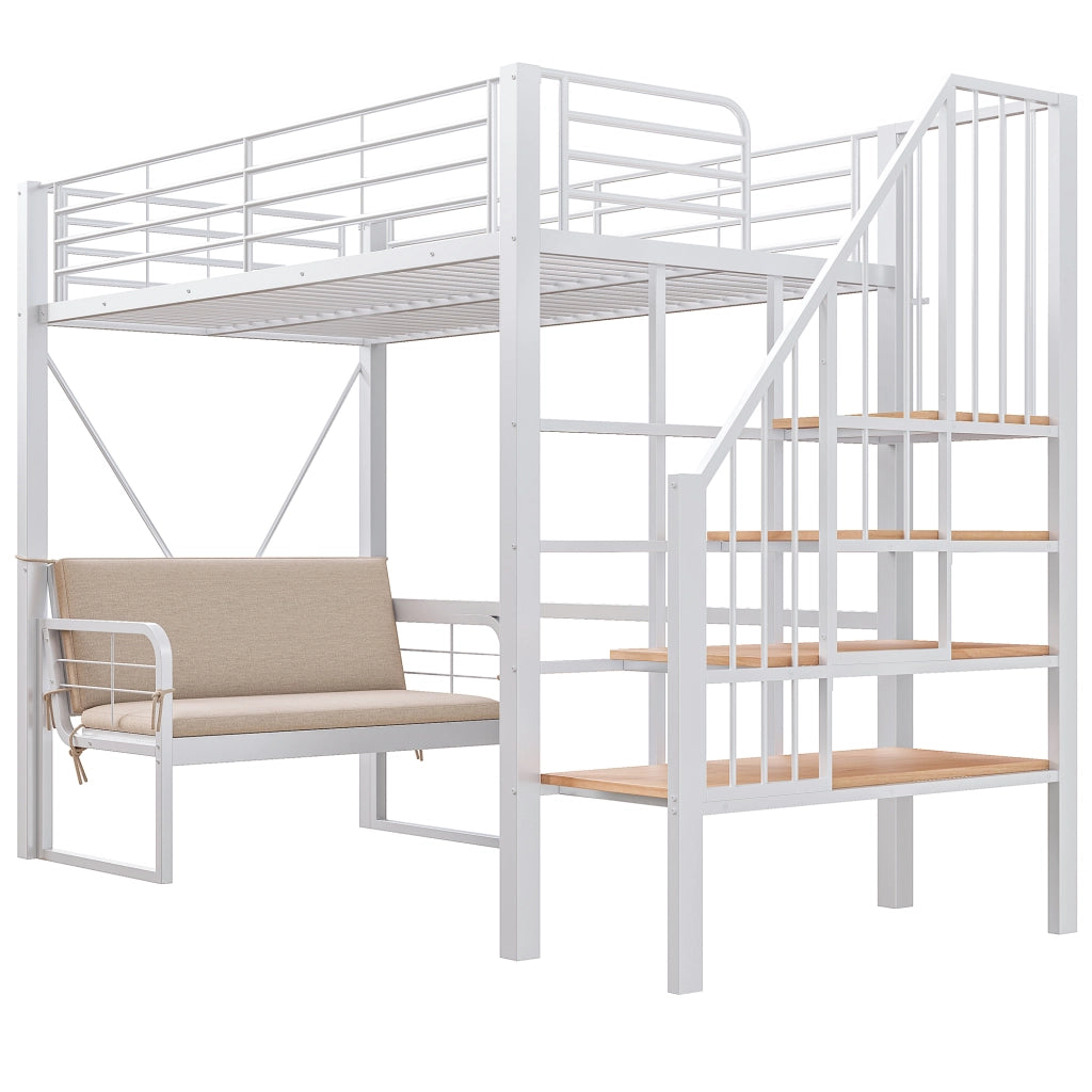 DESMIU Letto a castello 90 × 200 cm 3 posti con scala contenitore e divano imbottito, senza materasso, bianco