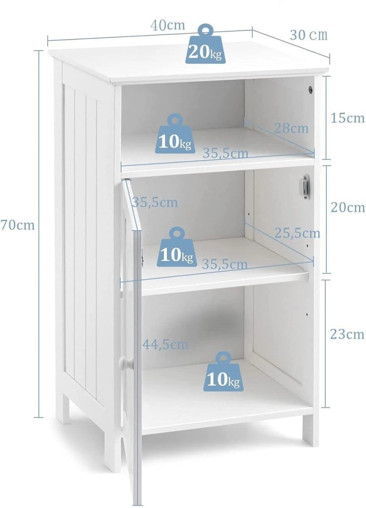 Mobile da bagno in legno con porta singola e ripiano regolabile per camera da letto, soggiorno, 40 x 30 x 70 cm, Bianco/Grigio (Bianco)