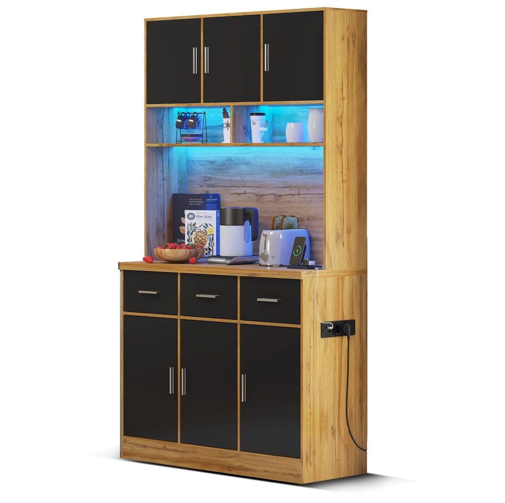 Credenza cucina 100x40x180 cm con LED, prese USB, cassetti e ripiani regolabili in MDF