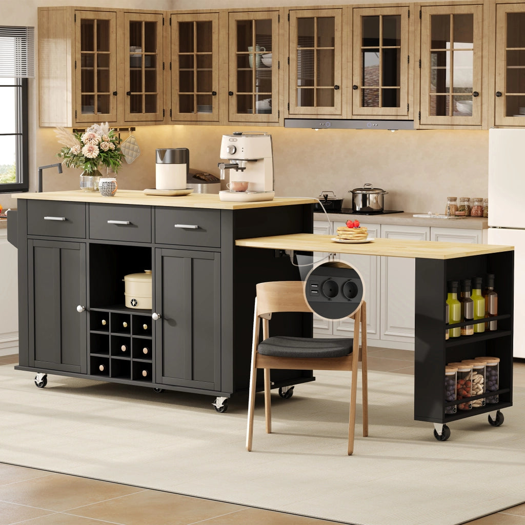 Isola cucina mobile con piano estraibile, 3 cassetti, portabottiglie, presa USB e 7 ruote, 136(223)x50x93 cm, nero/effetto naturale