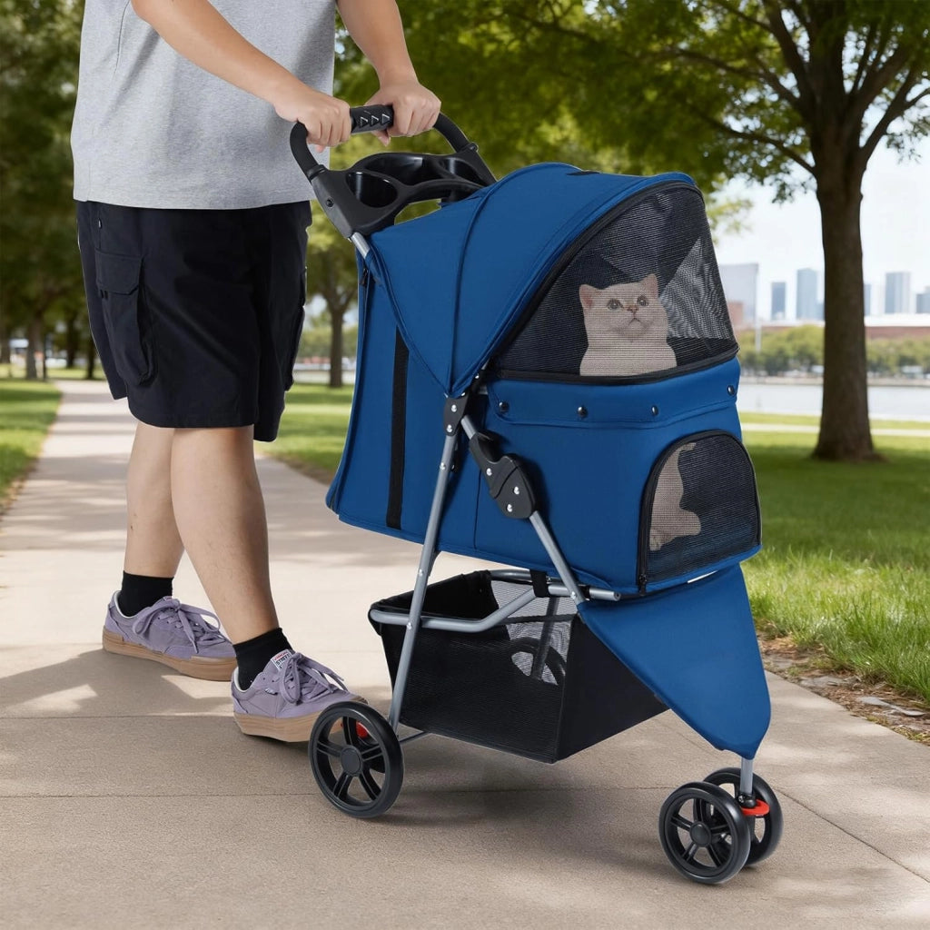 2 in 1 Passeggino per Cani, Carrozzina per Cani Pieghevole Facile con Portata Massima di 15 kg, 4 Ruote, Tetto Regolabile, Cuscino Rimovibile e Cestino Portaoggetti (Blu)