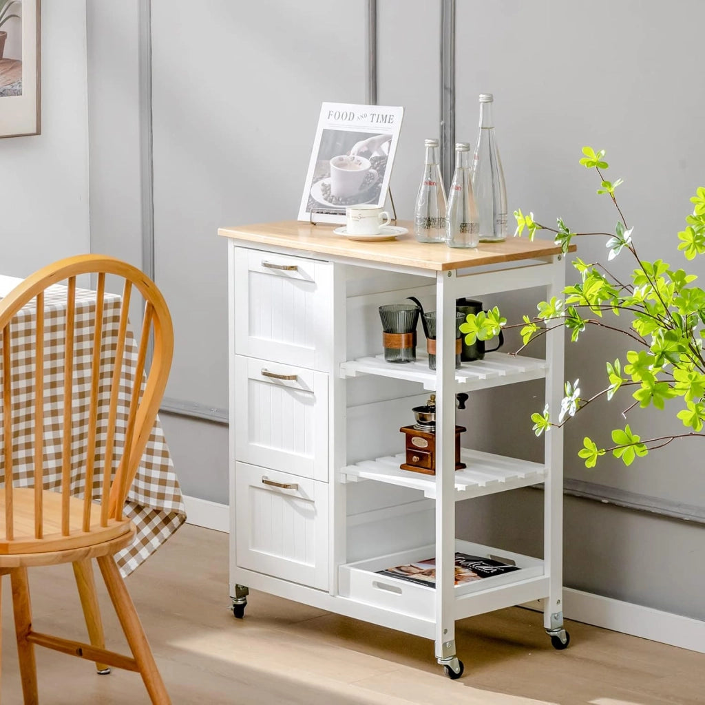 Carrello da Cucina con Ruote, Credenza Cucina con 4 Ripiani e 3 Cassetti, in Legno, Ideale per Cucina Ristorante e Bar, 67 x 37 x 83,5 cm (Bianco)