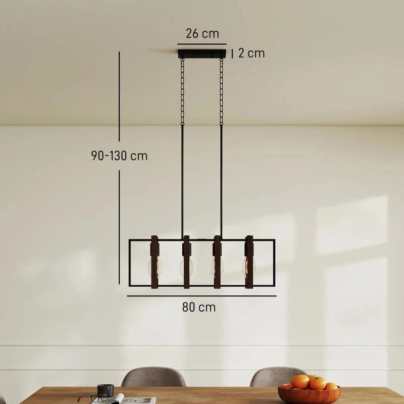 LAMPADARIO A SOSPENSIONE RUSTICO CON 4 CORNICI GIREVOLI E CATENA REGOLABILE, 80X21X90-130 CM, NERO E MARRONE