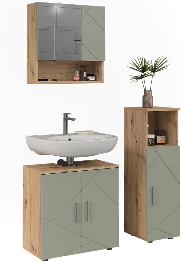 Set di mobili da bagno Irma, Verde salvia, 60 cm, composto da mobile sottolavabo, specchiera e mobile medio