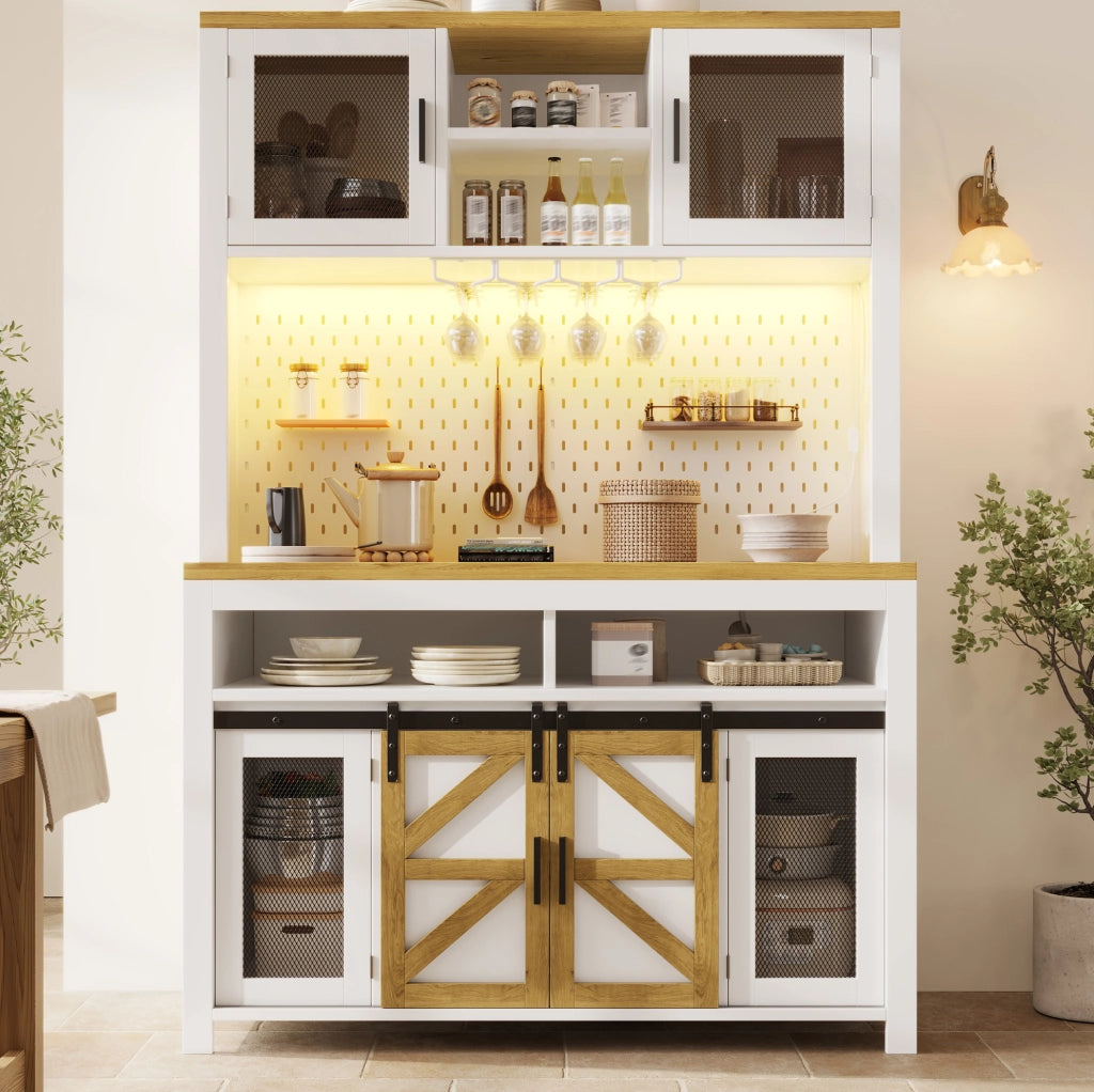 Credenza alta 120x40x174.5 cm con porte scorrevoli e a battente; illuminazione LED; MDF; bianco