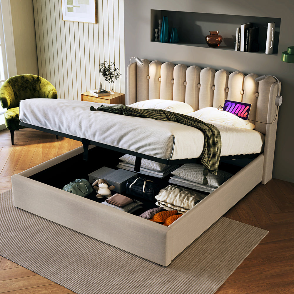 Letto a cassone imbottito 140x200 cm - Xylo - Beige con funzione di carico e due lampade da lettura