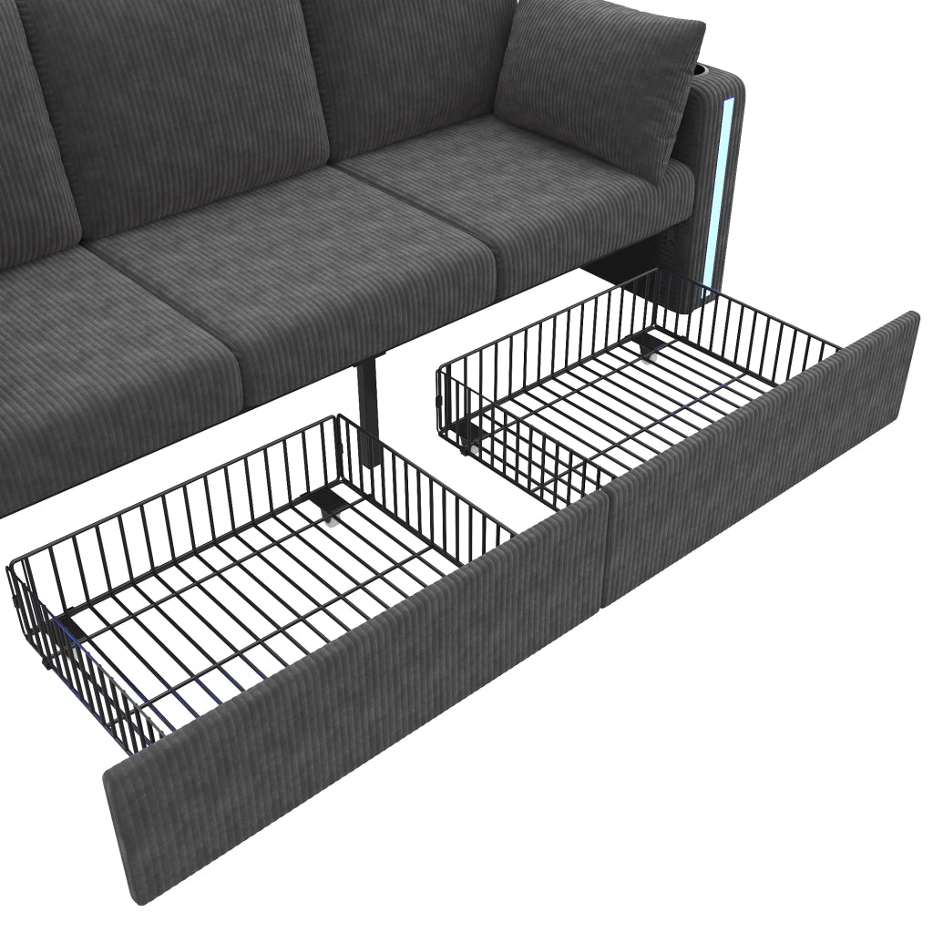 Canapé modulaire in velluto a coste con 2 pouf contenitore, LED, USB e tipo C, portabicchieri grigio 190 × 130 cm