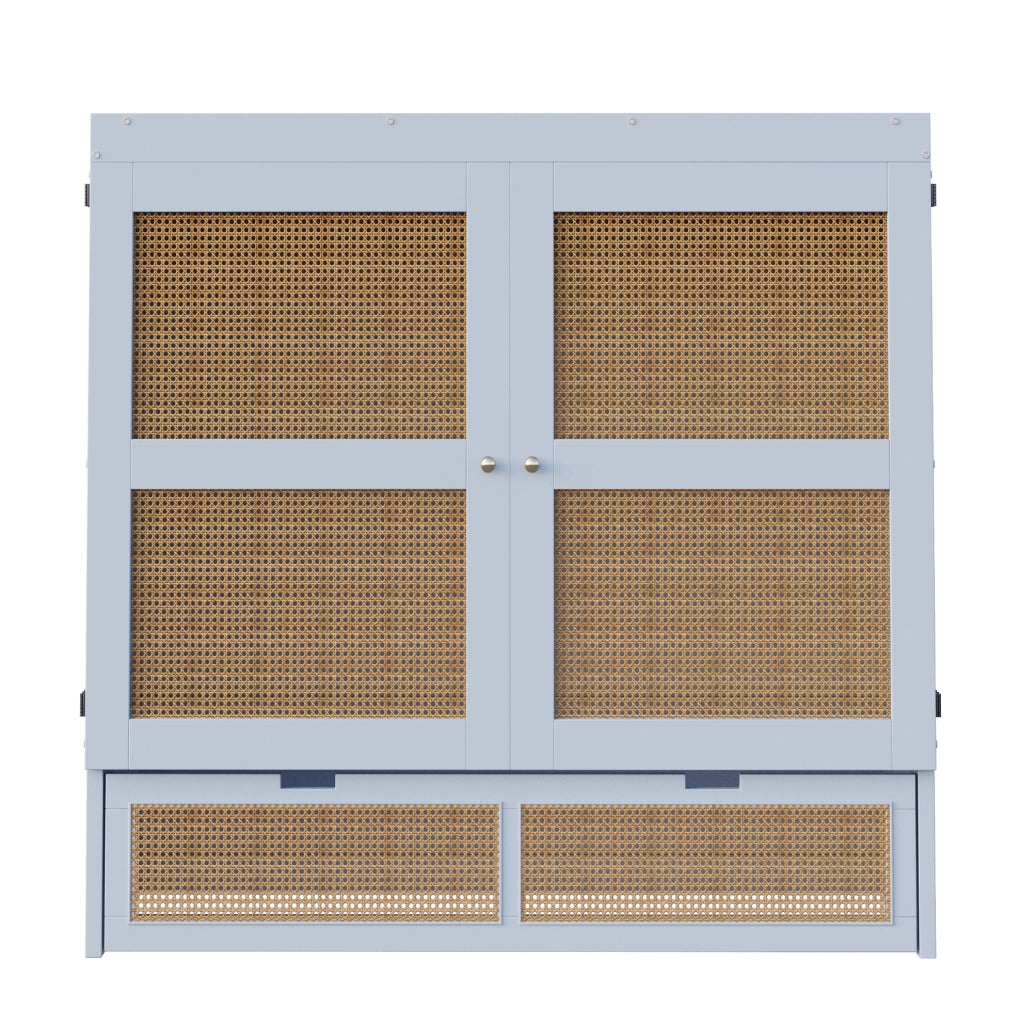 Letto a scomparsa verticale 140x200 cm grigio con ante in rattan e cassetti