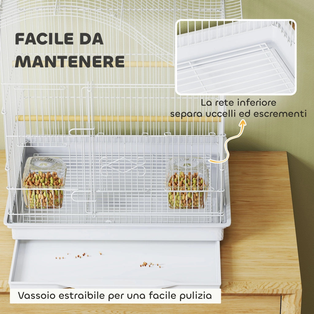 Gabbia per Uccelli ¨C Xylo ¨C 4 Porte, 2 Ciotole, 2 Posatoi, Metallo e Plastica, 47.5x36x54.5 cm, Bianco