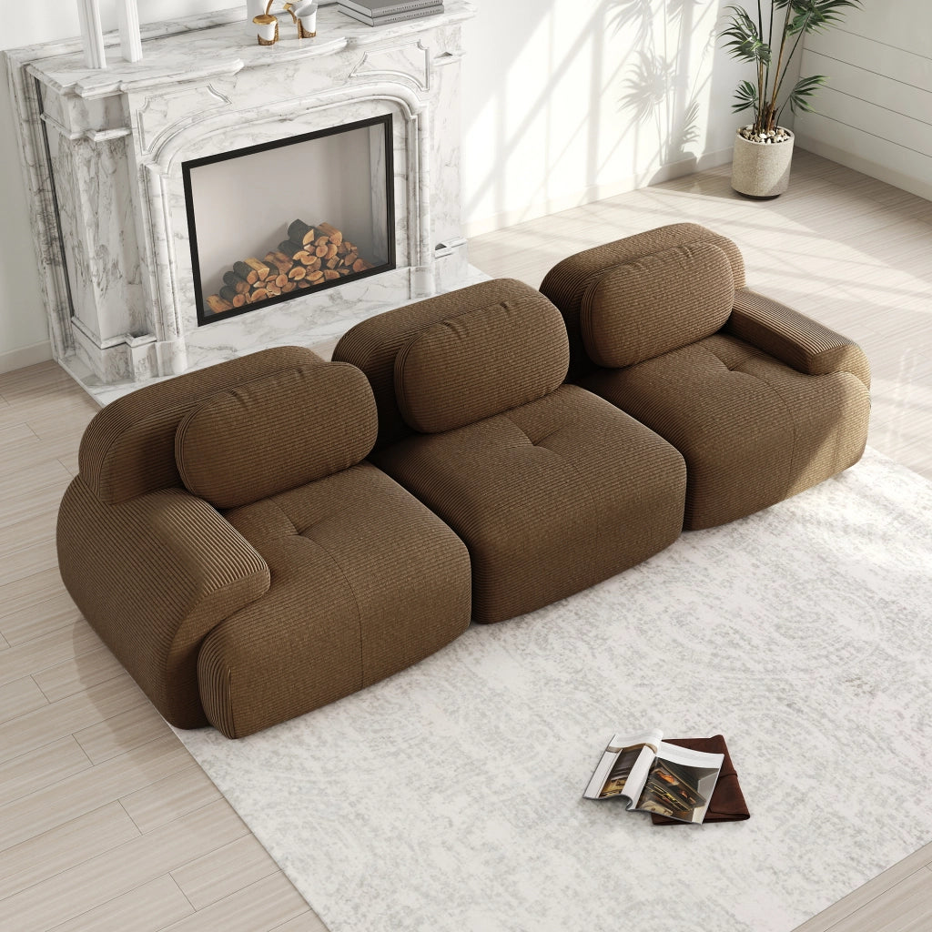 Divano angolare modulare senza montaggio in tessuto effetto velluto con braccioli ergonomici e base antiscivolo marrone