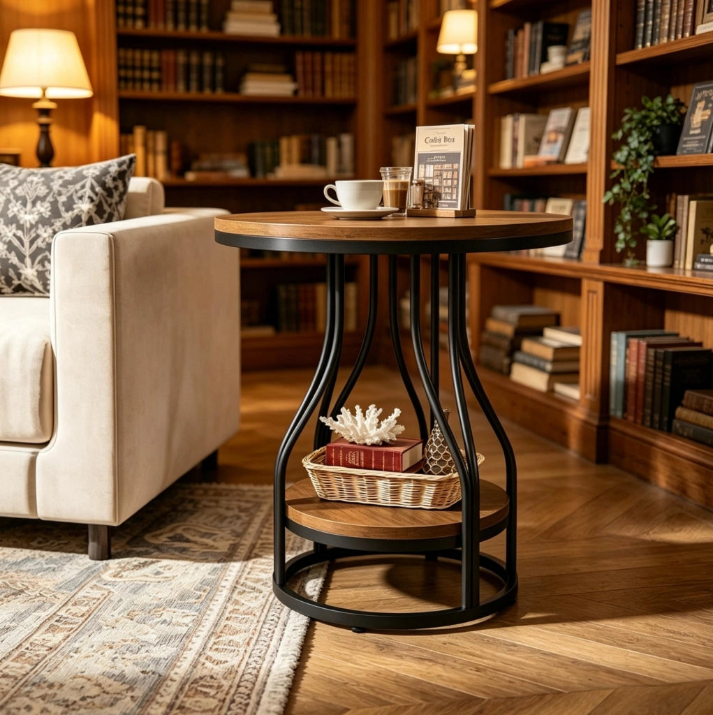 TAVOLINO ROTONDO 2 Ripiani 50x50x59 cm Metallo e Legno Nero/Marrone