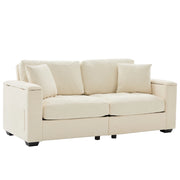 Divano lineare 2 posti con contenitore nei braccioli e tasche laterali in chenille beige