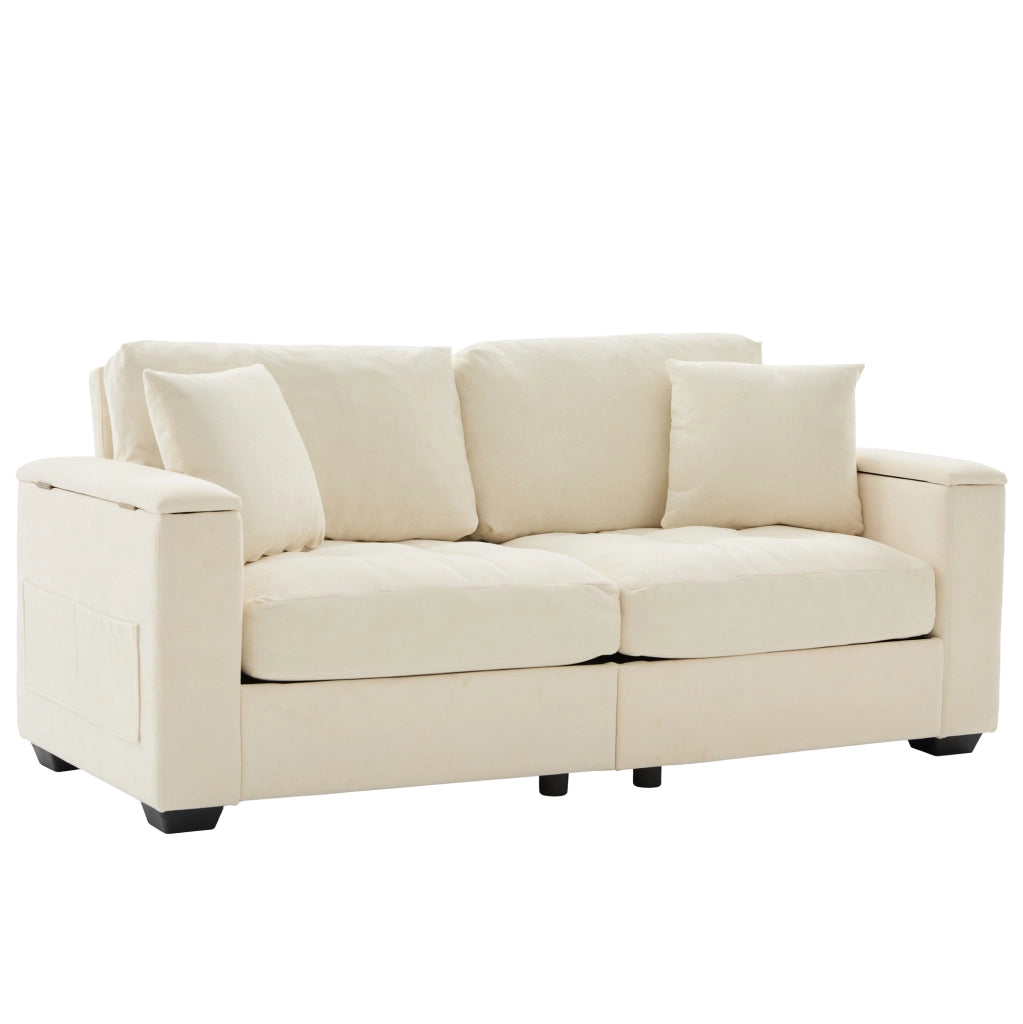 Divano lineare 2 posti con contenitore nei braccioli e tasche laterali in chenille beige