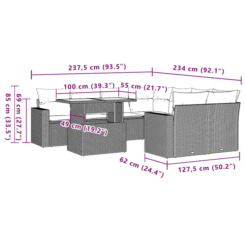 Set Divano da Giardino 9pz con Cuscini Grigio Chiaro Polyrattan