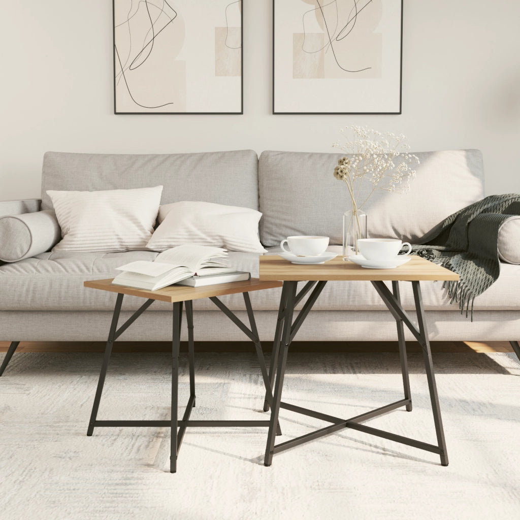 Set di 2 Tavoli in Rovere Artigianale con Legno Ingegnerizzato e Metallo