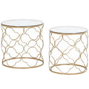 SET DI 2 TAVOLINI DA SALOTTO IMPILABILI ART DECO IN METALLO CON PIANO IN VETRO, ORO