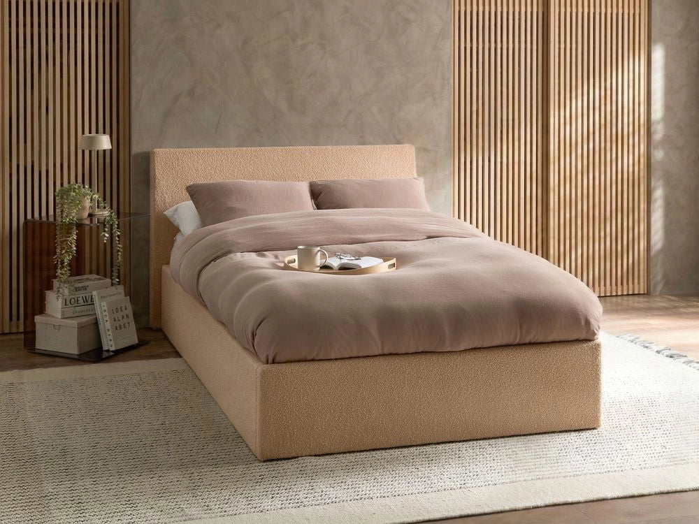 Letto matrimoniale Imbottito in Tessuto beige con testiera e contenitore 120 x 200 cm stile elegante
